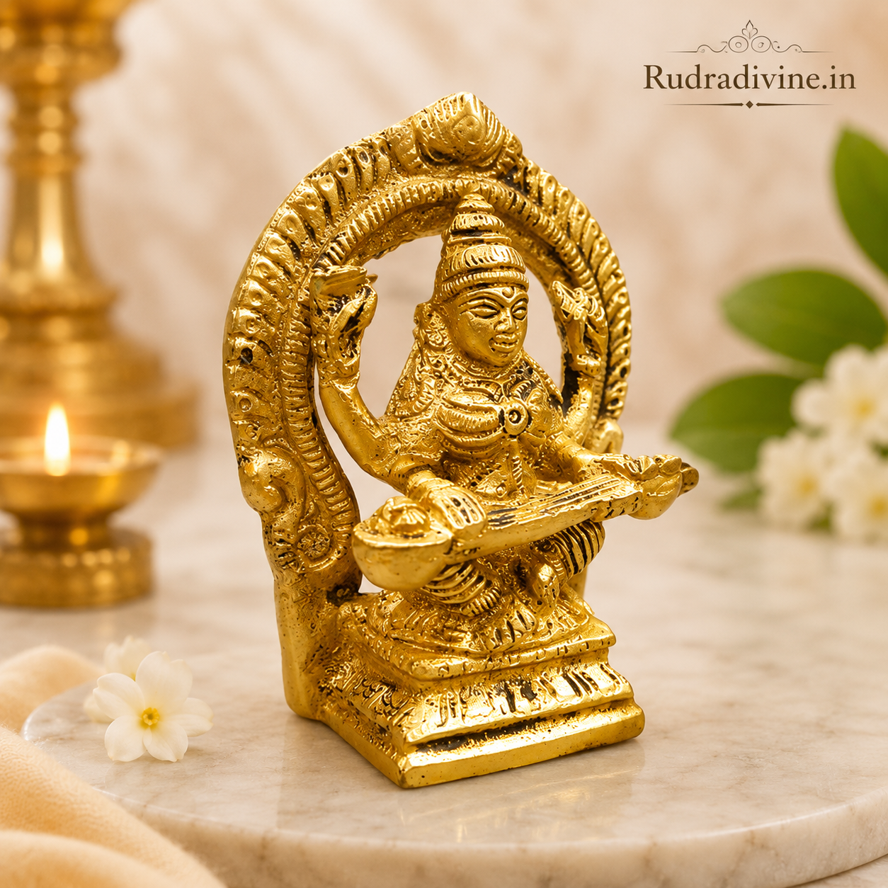 Brass Saraswati Idol crafted from premium brass with official Lab Certificate by Rudradivine, ideal for wisdom, learning, home temple worship and décor.