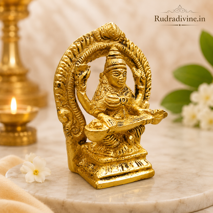 Brass Saraswati Idol crafted from premium brass with official Lab Certificate by Rudradivine, ideal for wisdom, learning, home temple worship and décor.