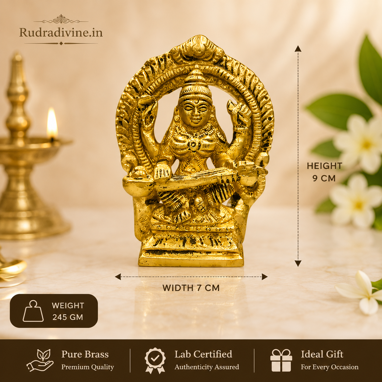 Brass Saraswati Idol crafted from premium brass with official Lab Certificate by Rudradivine, ideal for wisdom, learning, home temple worship and décor.