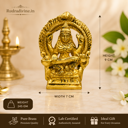 Brass Saraswati Idol crafted from premium brass with official Lab Certificate by Rudradivine, ideal for wisdom, learning, home temple worship and décor.