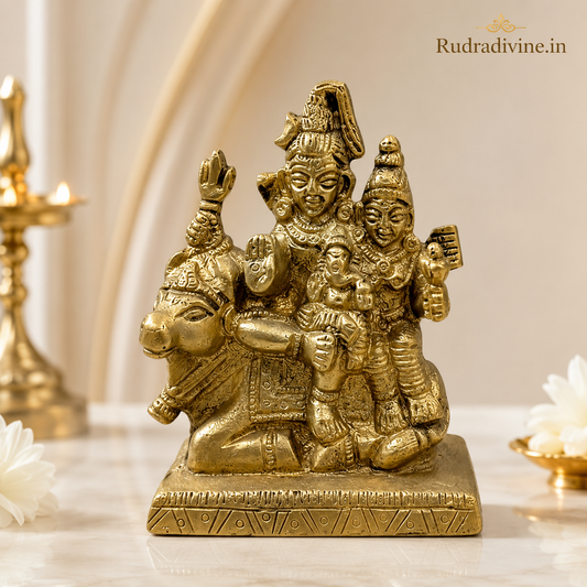 Brass Shiv Parivar Murti handcrafted from premium brass with official Lab Certificate by Rudradivine for home temple, Vastu, meditation, and spiritual décor.