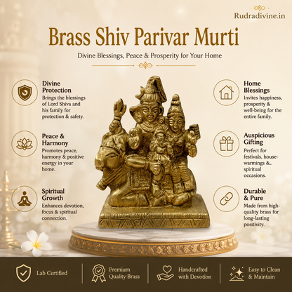 Brass Shiv Parivar Murti handcrafted from premium brass with official Lab Certificate by Rudradivine for home temple, Vastu, meditation, and spiritual décor.