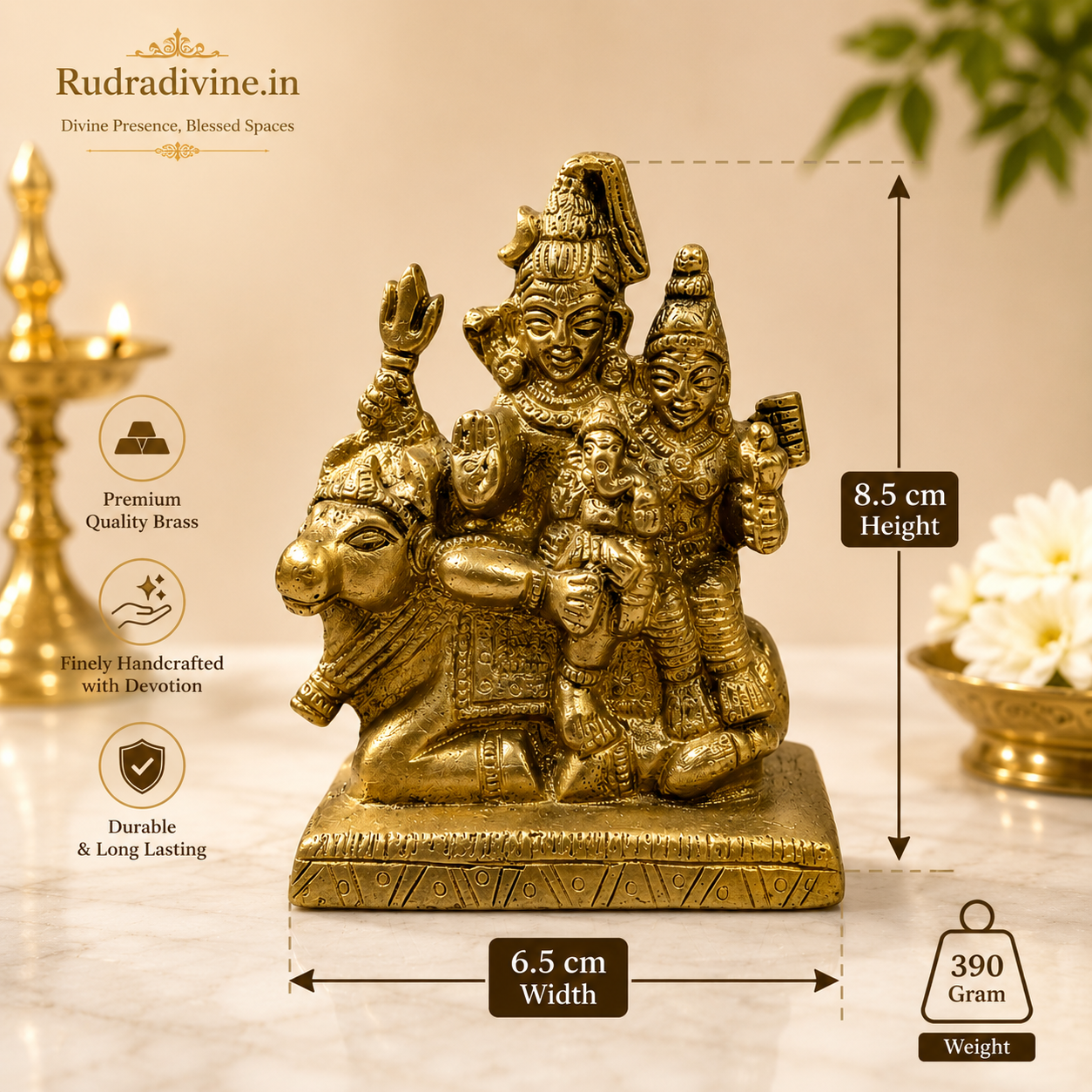 Brass Shiv Parivar Murti handcrafted from premium brass with official Lab Certificate by Rudradivine for home temple, Vastu, meditation, and spiritual décor.