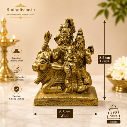 Brass Shiv Parivar Murti handcrafted from premium brass with official Lab Certificate by Rudradivine for home temple, Vastu, meditation, and spiritual décor.