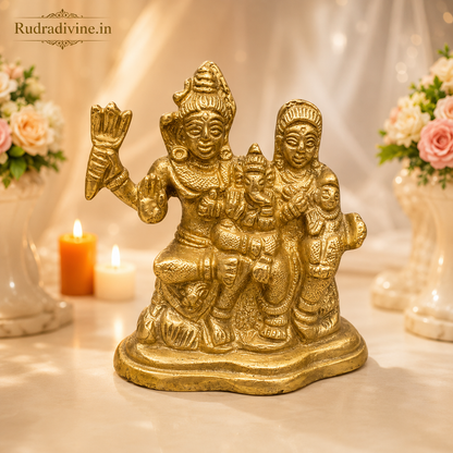 Brass Shiv Parvati Idol crafted in premium brass with official Lab Certificate by Rudradivine for home temple, pooja, spiritual harmony and divine blessings.