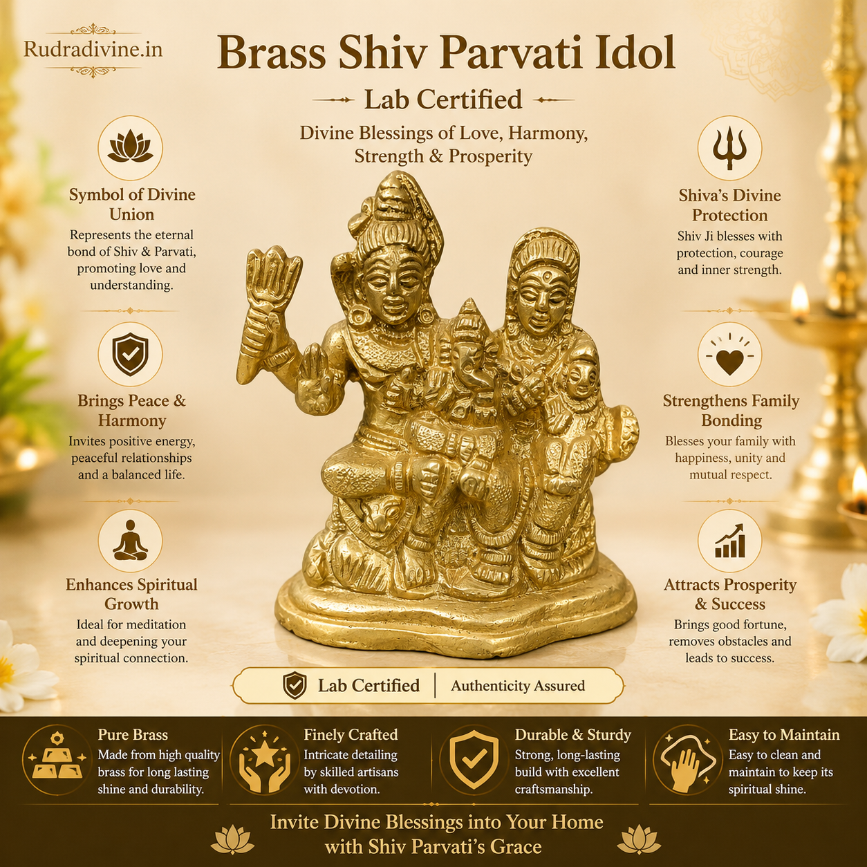 Brass Shiv Parvati Idol crafted in premium brass with official Lab Certificate by Rudradivine for home temple, pooja, spiritual harmony and divine blessings.