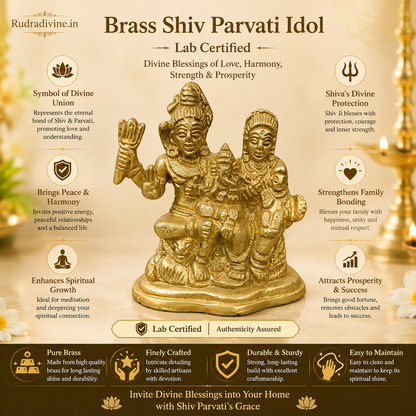Brass Shiv Parvati Idol crafted in premium brass with official Lab Certificate by Rudradivine for home temple, pooja, spiritual harmony and divine blessings.