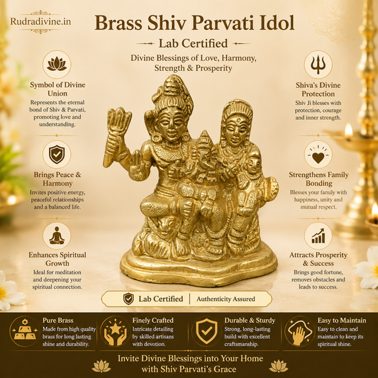 Brass Shiv Parvati Idol crafted in premium brass with official Lab Certificate by Rudradivine for home temple, pooja, spiritual harmony and divine blessings.