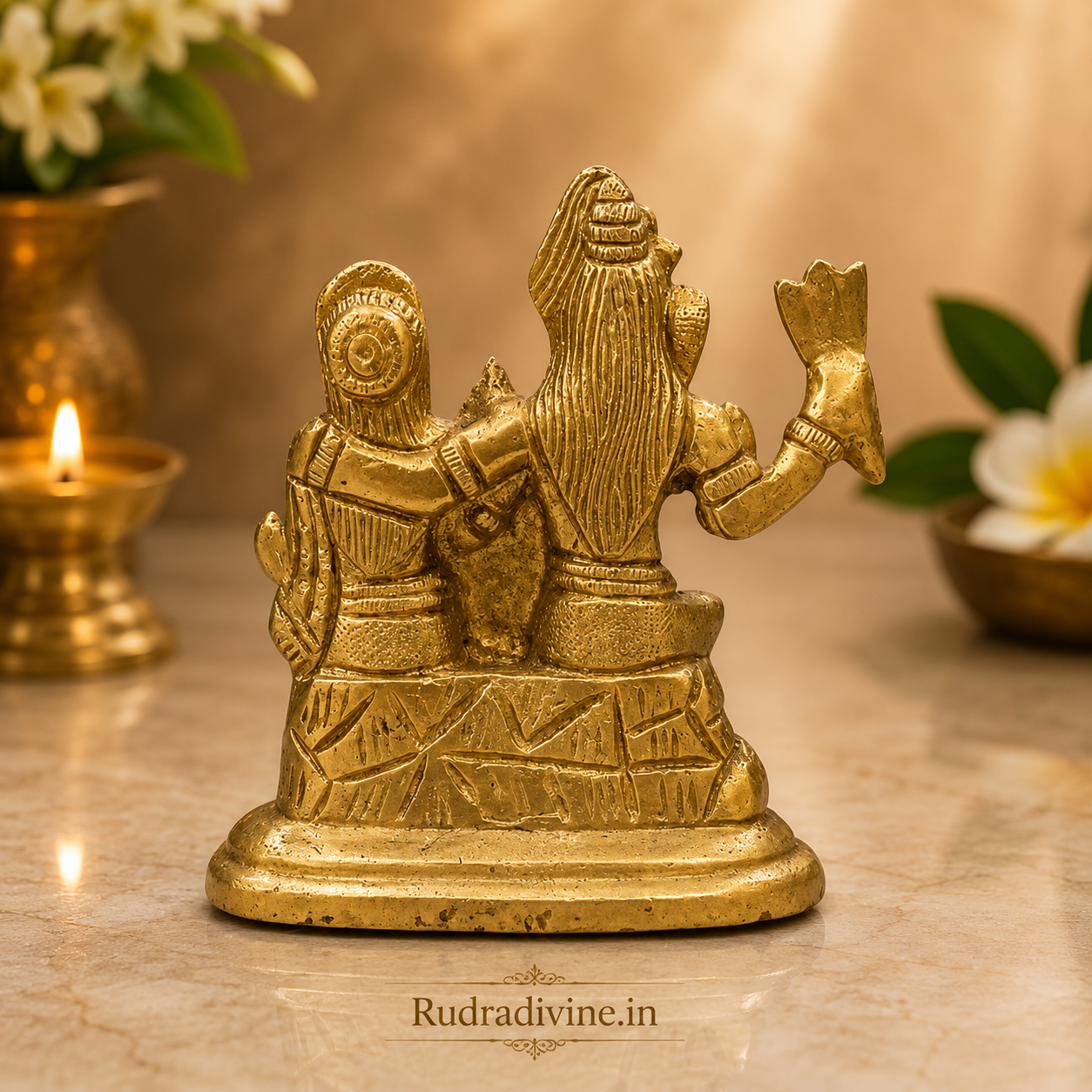 Brass Shiv Parvati Idol crafted in premium brass with official Lab Certificate by Rudradivine for home temple, pooja, spiritual harmony and divine blessings.