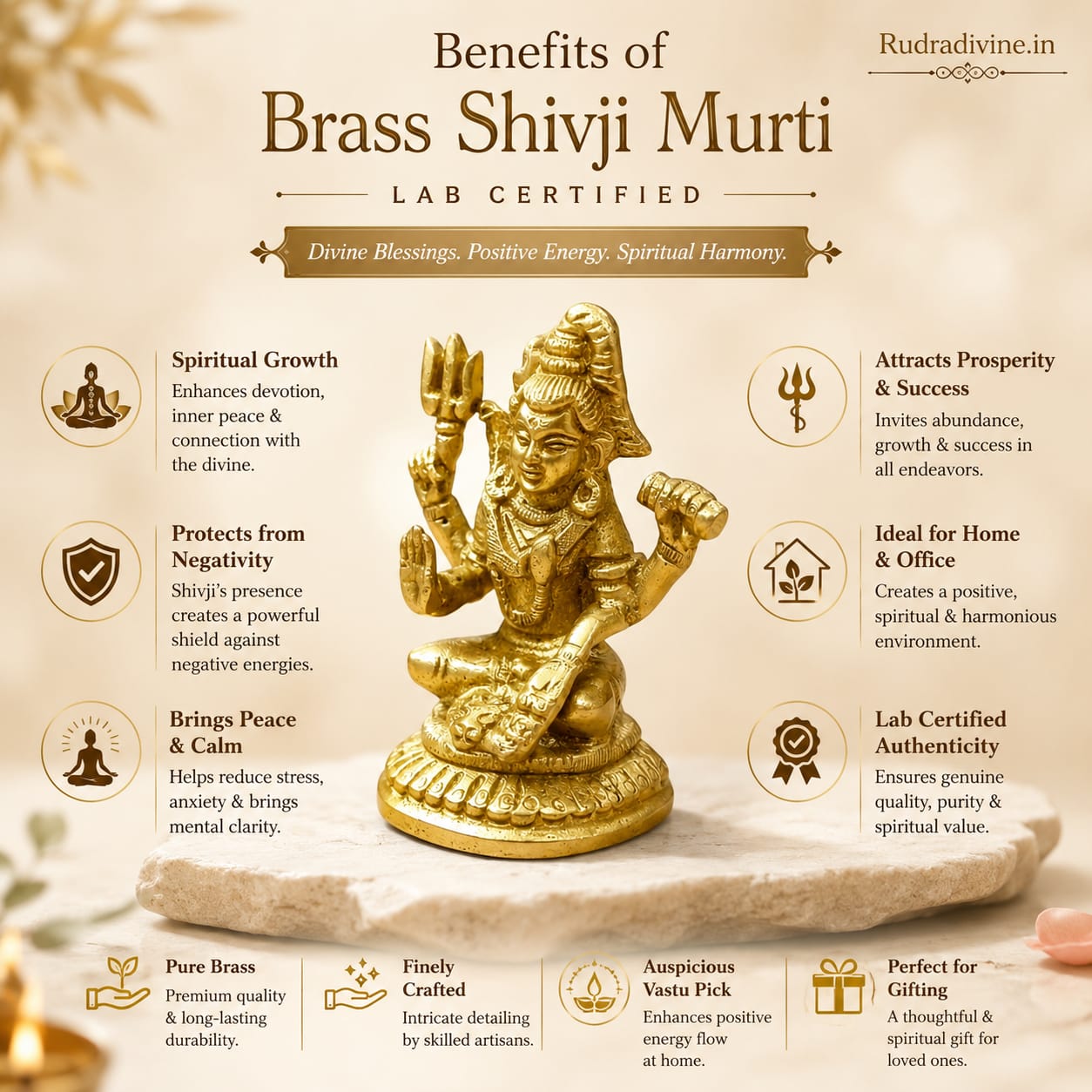 Brass Shivji Idol crafted from premium brass with official Lab Certificate by Rudradivine for home temple, pooja, meditation, spiritual décor and blessings.