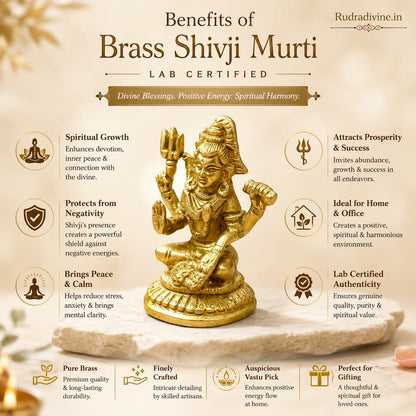 Brass Shivji Idol crafted from premium brass with official Lab Certificate by Rudradivine for home temple, pooja, meditation, spiritual décor and blessings.