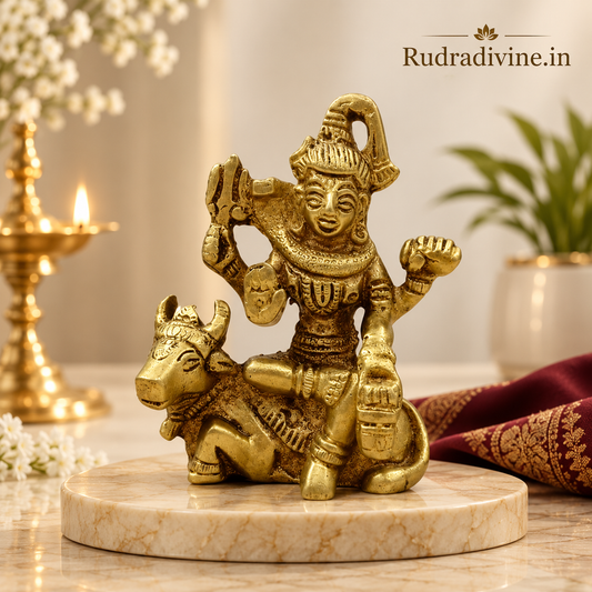 Brass Shivji with Nandi Murti crafted from premium quality brass with official Lab Certificate by Rudradivine for peace, protection, devotion and spiritual blessings.
