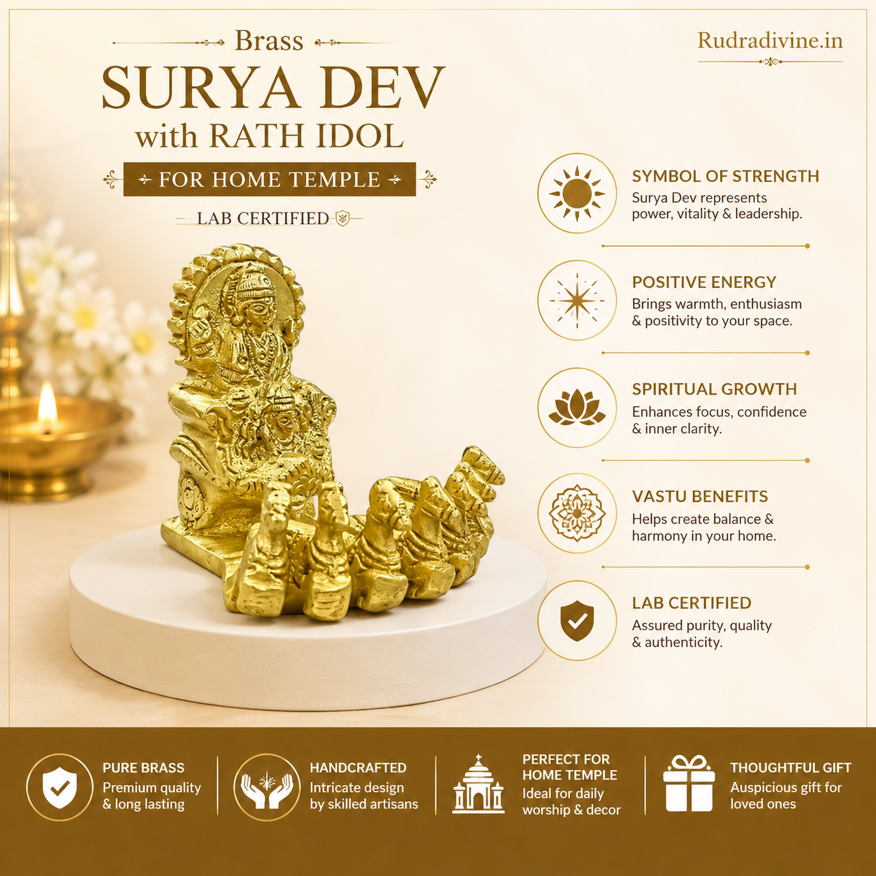 Brass Surya Dev with Rath Idol crafted from premium brass with official Lab Certificate by Rudradivine for home temple, daily pooja, Vastu, health, positivity and prosperity.