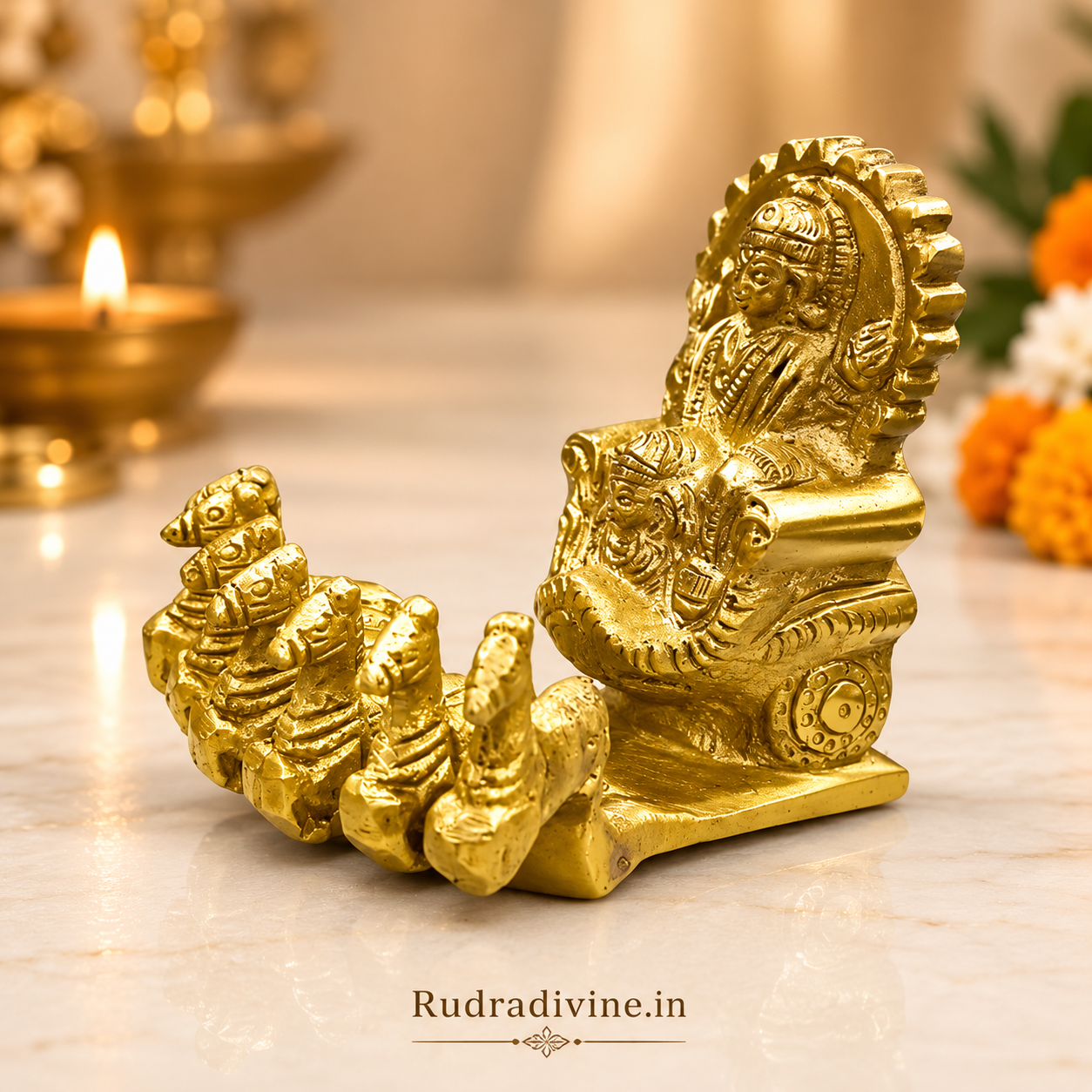 Brass Surya Dev with Rath Idol crafted from premium brass with official Lab Certificate by Rudradivine for home temple, daily pooja, Vastu, health, positivity and prosperity.