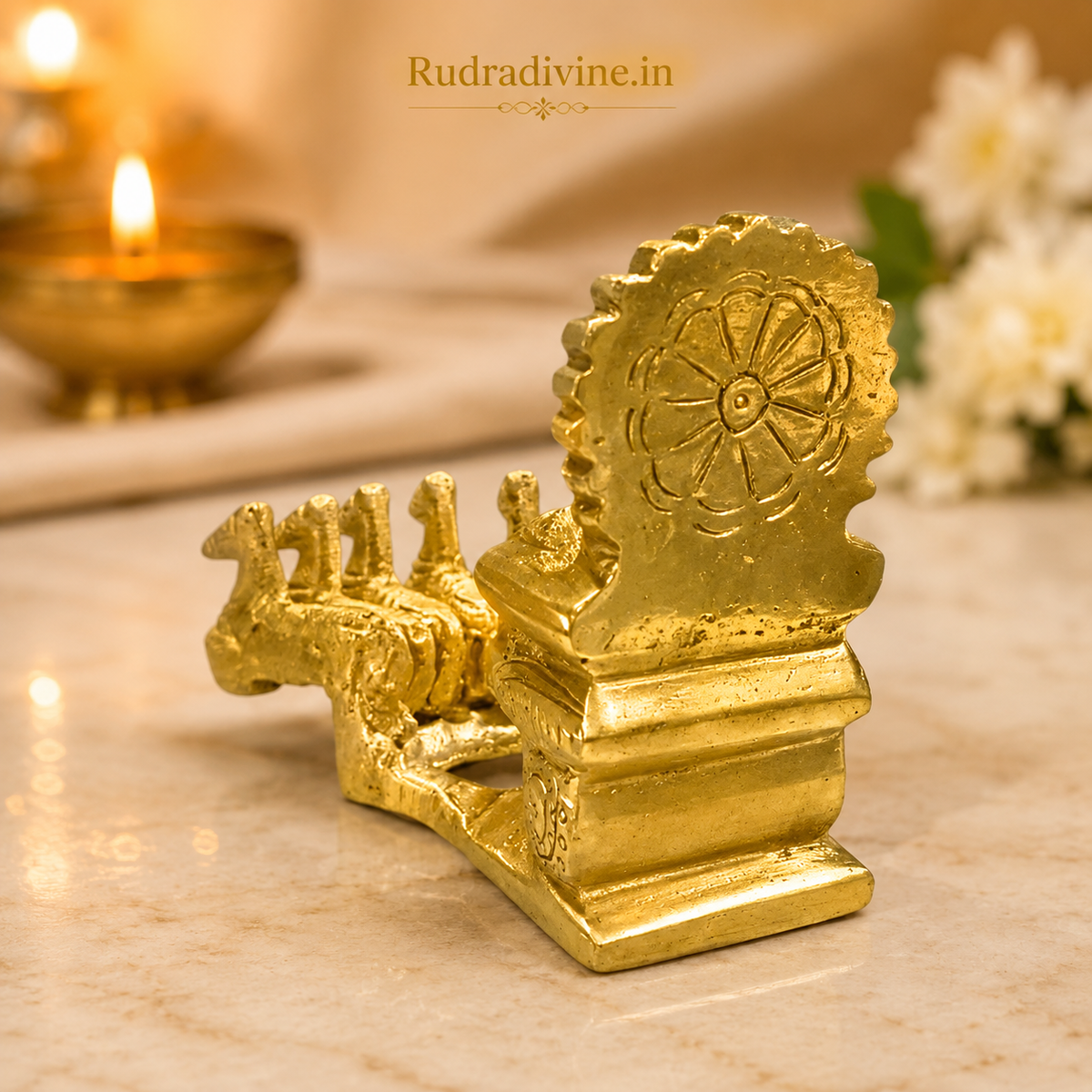Brass Surya Dev with Rath Idol crafted from premium brass with official Lab Certificate by Rudradivine for home temple, daily pooja, Vastu, health, positivity and prosperity.