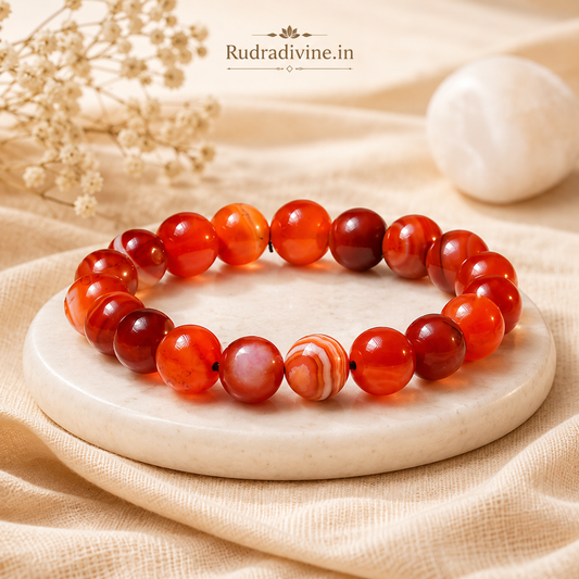 Carnelian (Gomed) Bracelet 8MM crafted with natural Carnelian gemstone beads and official Lab Certificate by Rudradivine for courage, confidence, Rahu balance, positive energy, and spiritual growth.