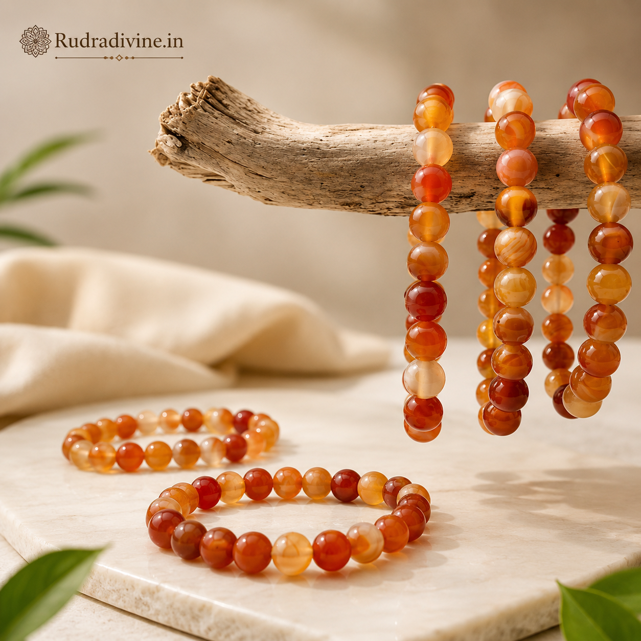 Carnelian (Gomed) Bracelet 8MM crafted with natural Carnelian gemstone beads and official Lab Certificate by Rudradivine for courage, confidence, Rahu balance, positive energy, and spiritual growth.
