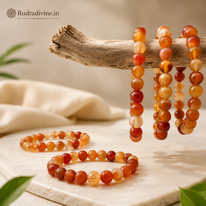 Carnelian (Gomed) Bracelet 8MM crafted with natural Carnelian gemstone beads and official Lab Certificate by Rudradivine for courage, confidence, Rahu balance, positive energy, and spiritual growth.