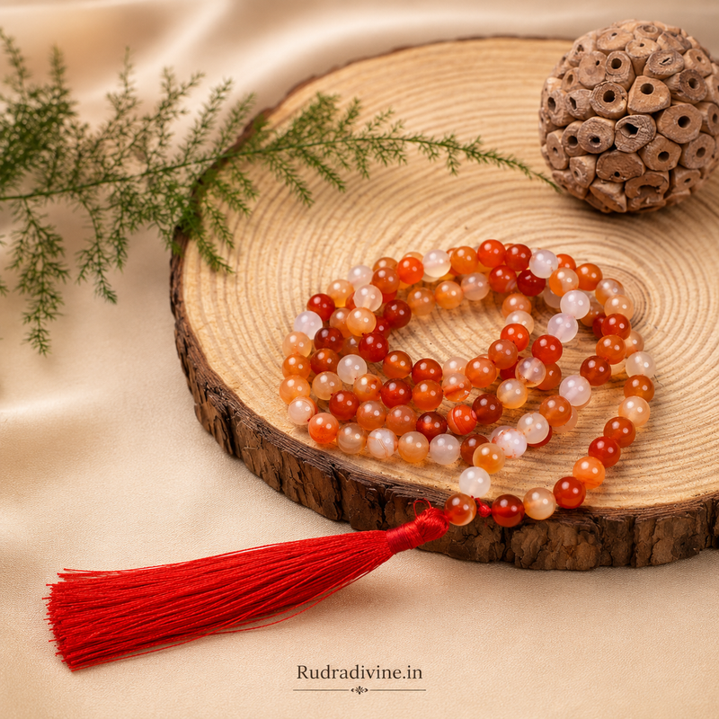 Carnelian (Gomed) Mala 108+1 Beads crafted with natural 8MM Carnelian gemstones and official Lab Certificate by Rudradivine for confidence, meditation and spiritual wellness.