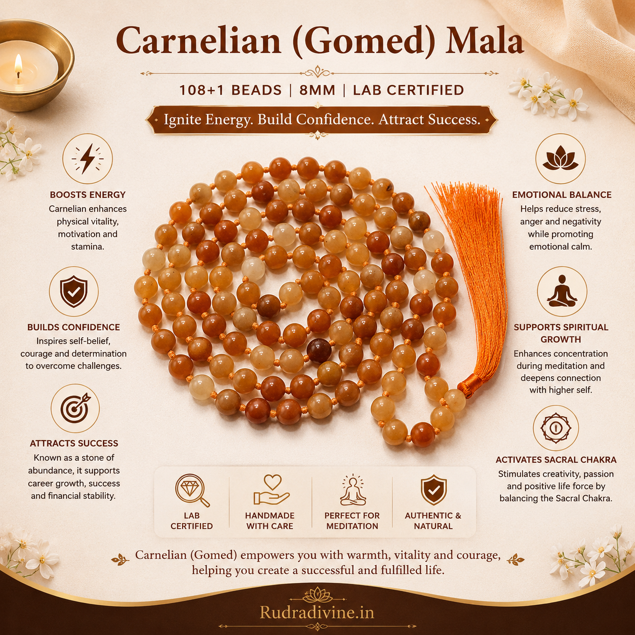 Carnelian (Gomed) Mala 108+1 Beads crafted with natural 8MM Carnelian gemstones and official Lab Certificate by Rudradivine for confidence, meditation and spiritual wellness.
