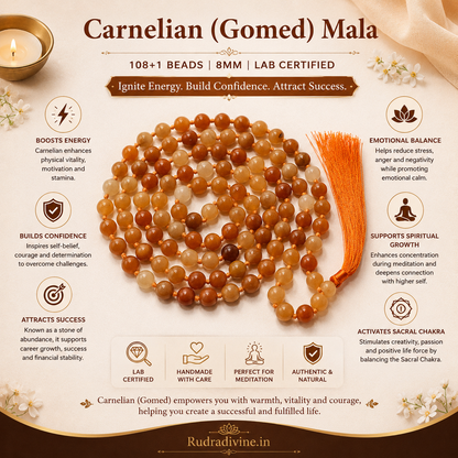 Carnelian (Gomed) Mala 108+1 Beads crafted with natural 8MM Carnelian gemstones and official Lab Certificate by Rudradivine for confidence, meditation and spiritual wellness.
