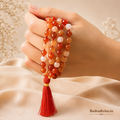Carnelian (Gomed) Mala 108+1 Beads crafted with natural 8MM Carnelian gemstones and official Lab Certificate by Rudradivine for confidence, meditation and spiritual wellness.