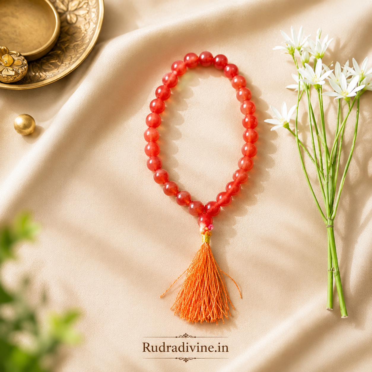 Carnelian (Gomed) Mala 27+1 Beads crafted with natural 8MM Carnelian gemstones and official Lab Certificate by Rudradivine for confidence, meditation and spiritual wellness.