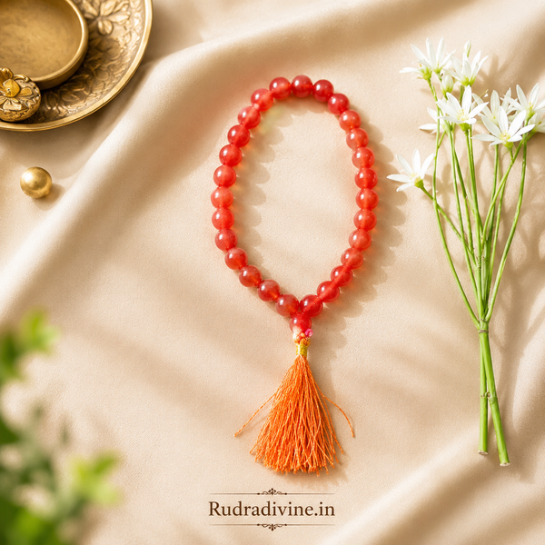 Carnelian (Gomed) Mala 27+1 Beads crafted with natural 8MM Carnelian gemstones and official Lab Certificate by Rudradivine for confidence, meditation and spiritual wellness.
