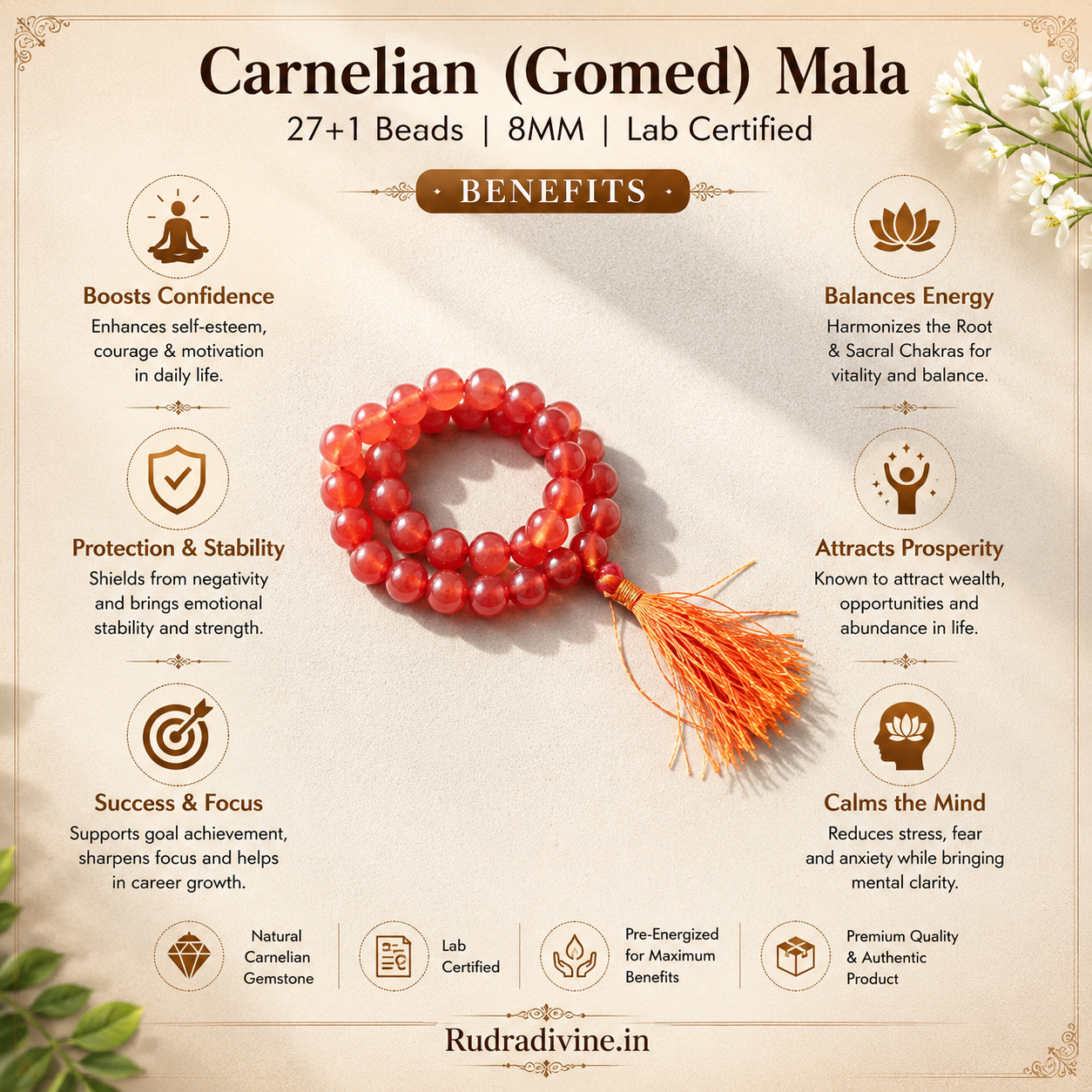 Carnelian (Gomed) Mala 27+1 Beads crafted with natural 8MM Carnelian gemstones and official Lab Certificate by Rudradivine for confidence, meditation and spiritual wellness.