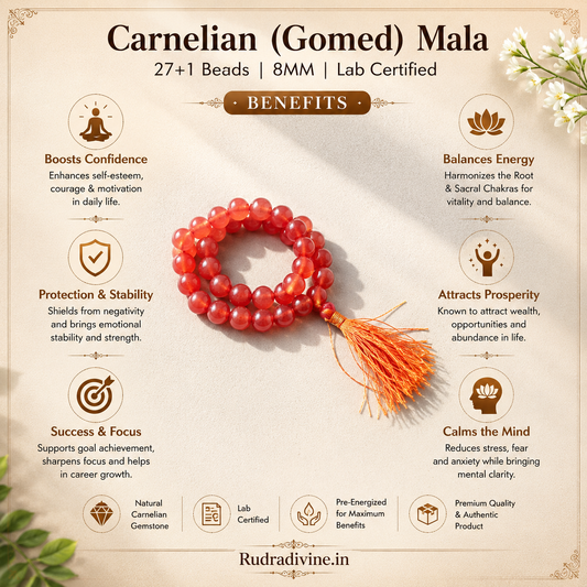 Carnelian (Gomed) Mala 27+1 Beads crafted with natural 8MM Carnelian gemstones and official Lab Certificate by Rudradivine for confidence, meditation and spiritual wellness.