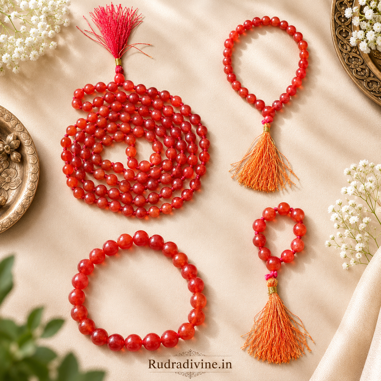 Carnelian (Gomed) Mala 27+1 Beads crafted with natural 8MM Carnelian gemstones and official Lab Certificate by Rudradivine for confidence, meditation and spiritual wellness.