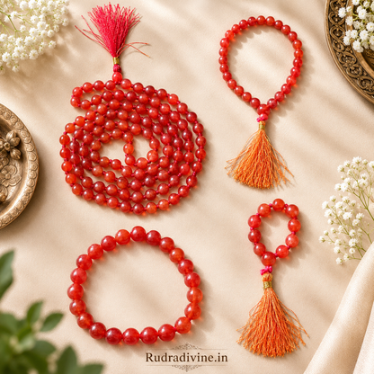 Carnelian (Gomed) Mala 27+1 Beads crafted with natural 8MM Carnelian gemstones and official Lab Certificate by Rudradivine for confidence, meditation and spiritual wellness.