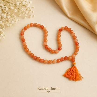 Carnelian (Gomed) Mala 54+1 Beads crafted with natural 8MM Carnelian gemstones and official Lab Certificate by Rudradivine for confidence, meditation and spiritual wellness.
