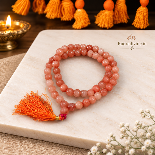 Carnelian (Gomed) Mala 54+1 Beads crafted with natural 8MM Carnelian gemstones and official Lab Certificate by Rudradivine for confidence, meditation and spiritual wellness.