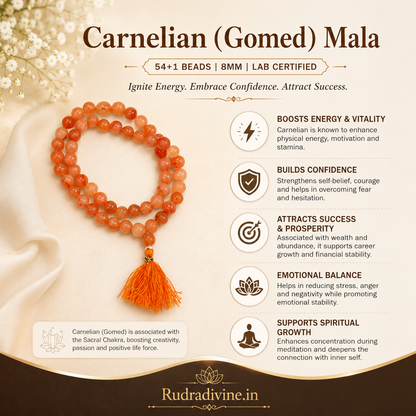 Carnelian (Gomed) Mala 54+1 Beads crafted with natural 8MM Carnelian gemstones and official Lab Certificate by Rudradivine for confidence, meditation and spiritual wellness.