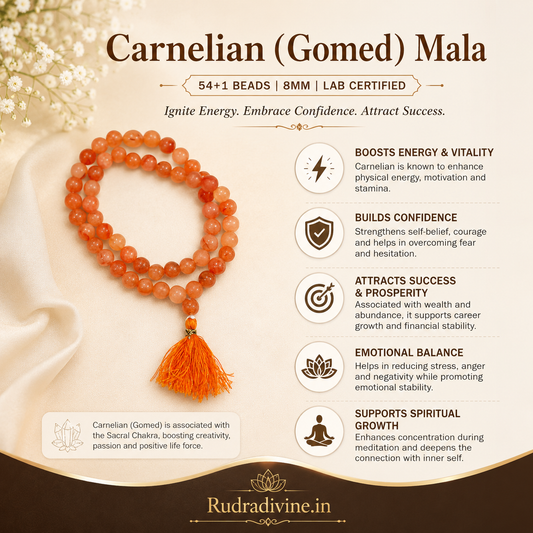 Carnelian (Gomed) Mala 54+1 Beads crafted with natural 8MM Carnelian gemstones and official Lab Certificate by Rudradivine for confidence, meditation and spiritual wellness.