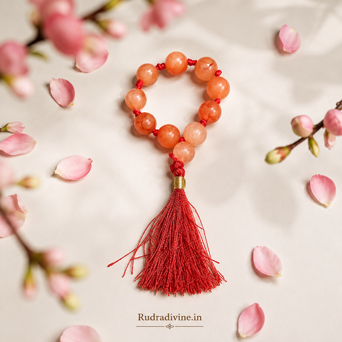 Carnelian (Gomed) Mala 9+1 Beads crafted with natural 8MM Carnelian gemstones and official Lab Certificate by Rudradivine for confidence, meditation and spiritual wellness.