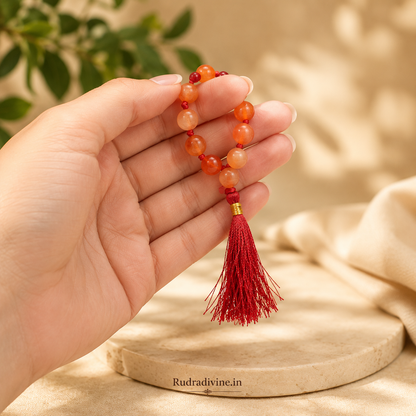 Carnelian (Gomed) Mala 9+1 Beads crafted with natural 8MM Carnelian gemstones and official Lab Certificate by Rudradivine for confidence, meditation and spiritual wellness.