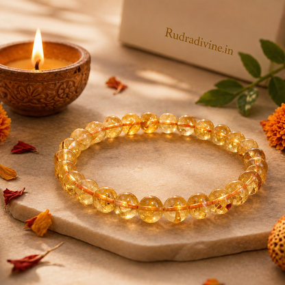 Citrine Bracelet crafted with premium natural 8MM Citrine gemstone beads, official Lab Certificate and Pre-Energized by Rudradivine for prosperity, meditation and spiritual wellness.