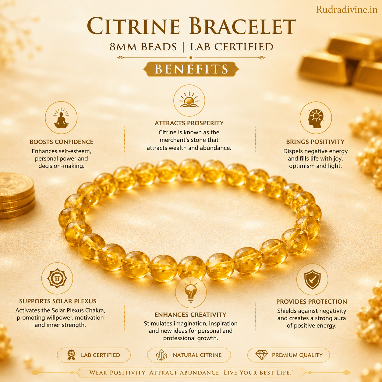 Citrine Bracelet crafted with premium natural 8MM Citrine gemstone beads, official Lab Certificate and Pre-Energized by Rudradivine for prosperity, meditation and spiritual wellness.