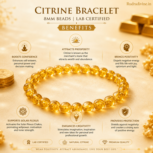 Citrine Bracelet crafted with premium natural 8MM Citrine gemstone beads, official Lab Certificate and Pre-Energized by Rudradivine for prosperity, meditation and spiritual wellness.