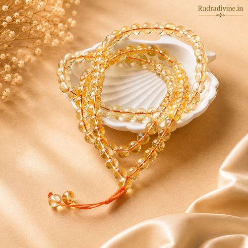 Citrine Mala 108+1 Beads with premium 8MM natural Citrine gemstone beads, Lab Certified and Pre-Energized by Rudradivine for meditation, prosperity and spiritual wellness.