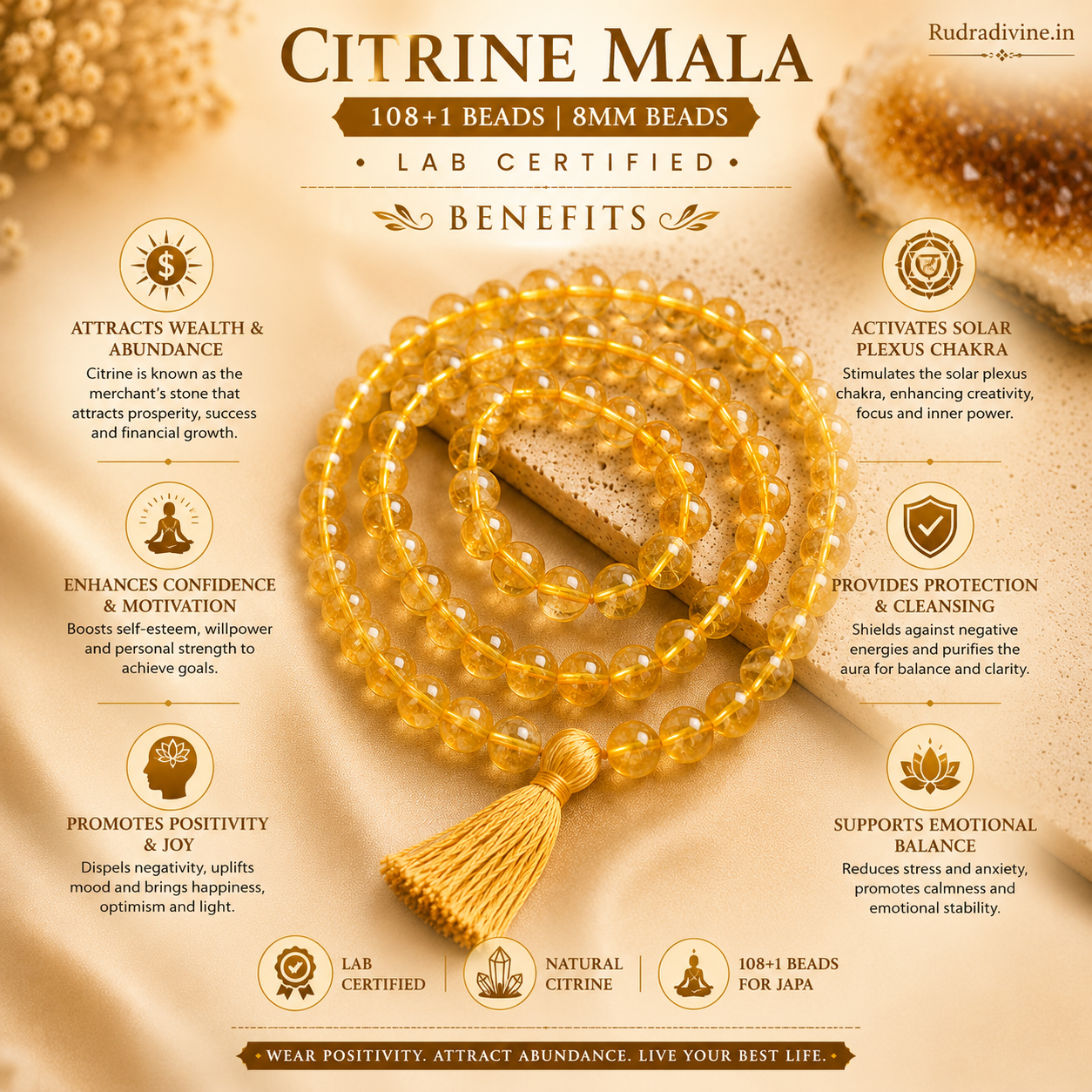 Citrine Mala 108+1 Beads with premium 8MM natural Citrine gemstone beads, Lab Certified and Pre-Energized by Rudradivine for meditation, prosperity and spiritual wellness.