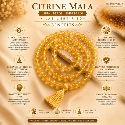 Citrine Mala 108+1 Beads with premium 8MM natural Citrine gemstone beads, Lab Certified and Pre-Energized by Rudradivine for meditation, prosperity and spiritual wellness.