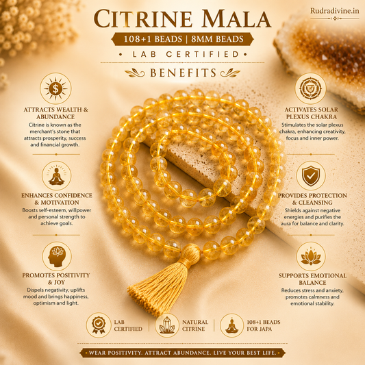 Citrine Mala 108+1 Beads with premium 8MM natural Citrine gemstone beads, Lab Certified and Pre-Energized by Rudradivine for meditation, prosperity and spiritual wellness.