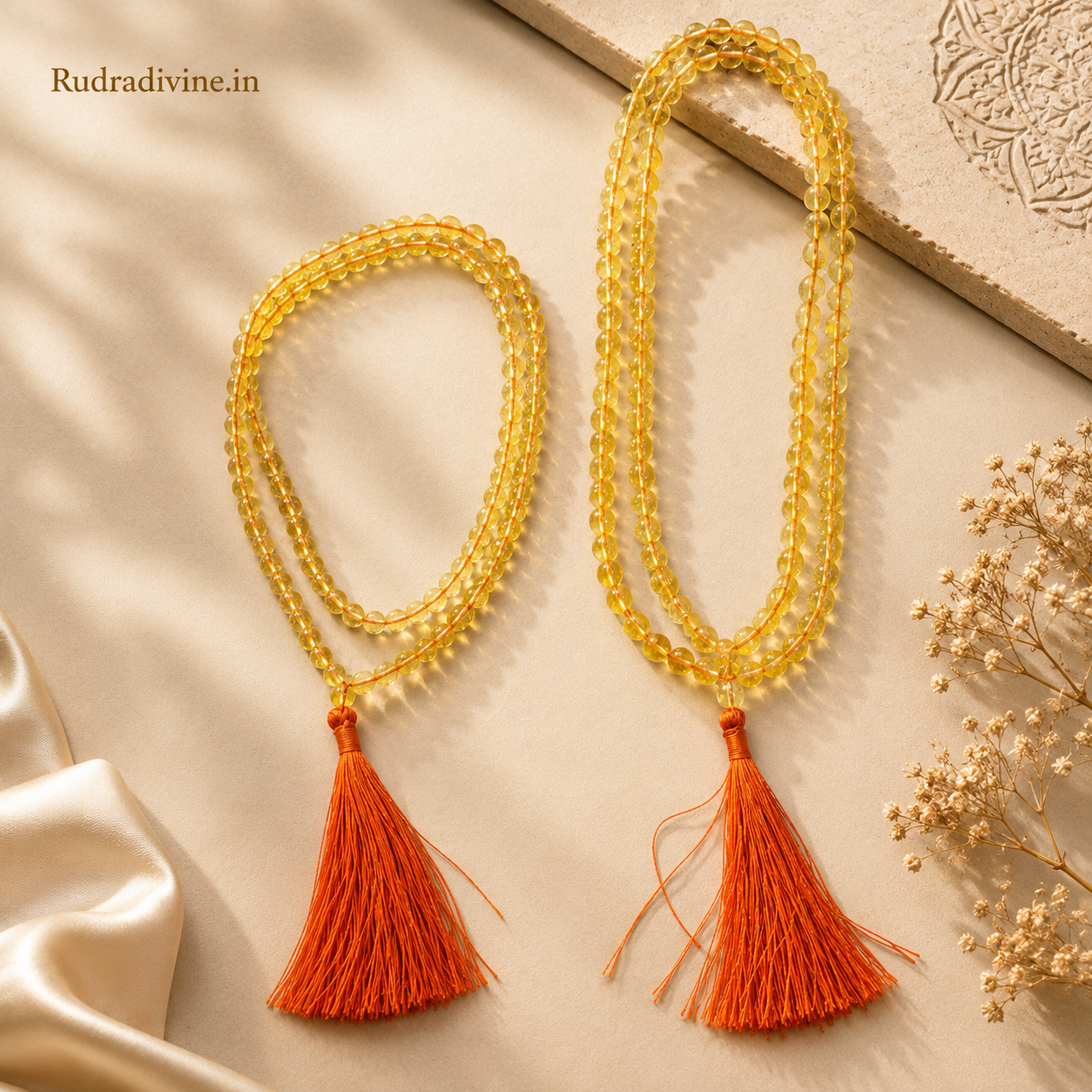 Citrine Mala 108+1 Beads with premium 8MM natural Citrine gemstone beads, Lab Certified and Pre-Energized by Rudradivine for meditation, prosperity and spiritual wellness.