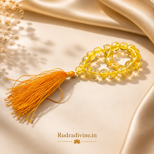 Citrine Mala 27+1 Beads crafted with premium natural 8MM Citrine gemstone beads, official Lab Certificate and Pre-Energized by Rudradivine for meditation, prosperity and spiritual wellness.