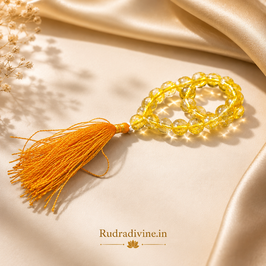 Citrine Mala 27+1 Beads crafted with premium natural 8MM Citrine gemstone beads, official Lab Certificate and Pre-Energized by Rudradivine for meditation, prosperity and spiritual wellness.