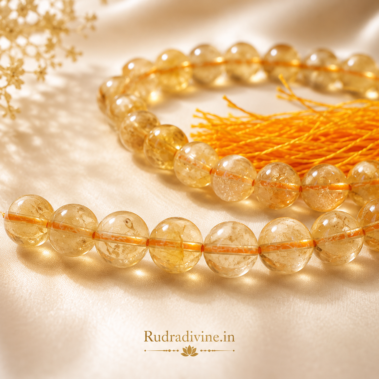 Citrine Mala 27+1 Beads crafted with premium natural 8MM Citrine gemstone beads, official Lab Certificate and Pre-Energized by Rudradivine for meditation, prosperity and spiritual wellness.
