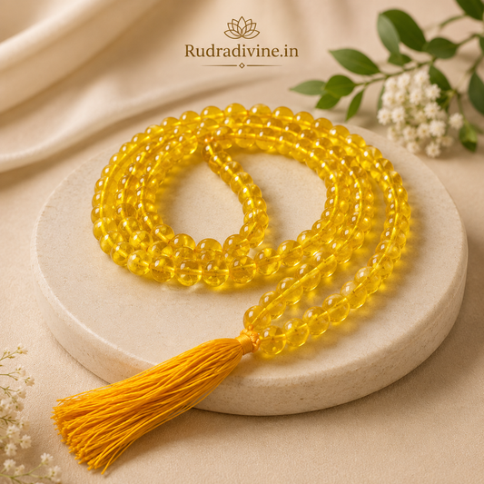 Citrine Mala 54+1 Beads crafted with premium natural 8MM Citrine gemstone beads, official Lab Certificate and Pre-Energized by Rudradivine for meditation, prosperity and spiritual wellness.
